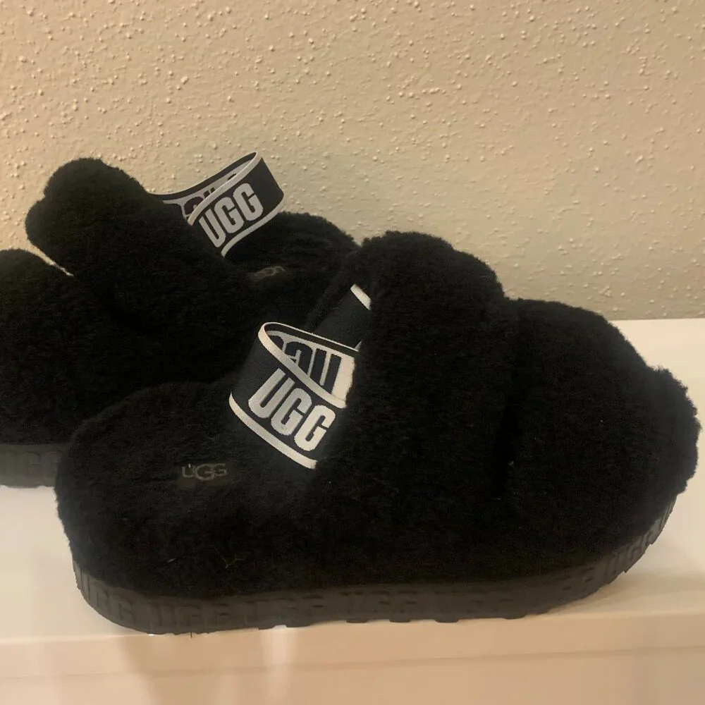 UGG Black Fuzz Platform Slide Sandals